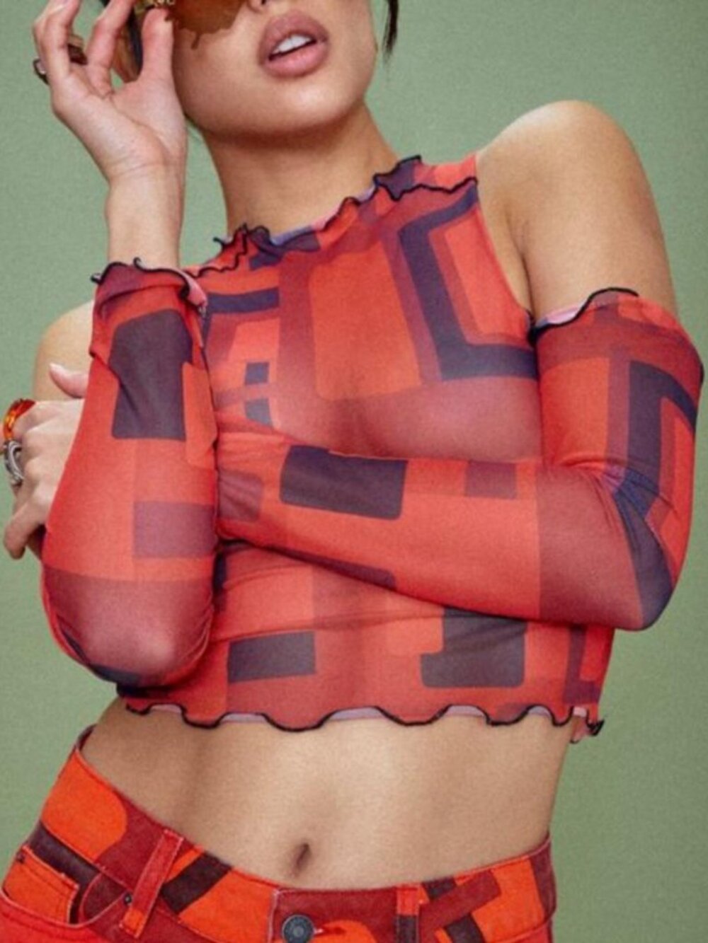 Jaded London Abstract Square Print Cold Shoulder Top